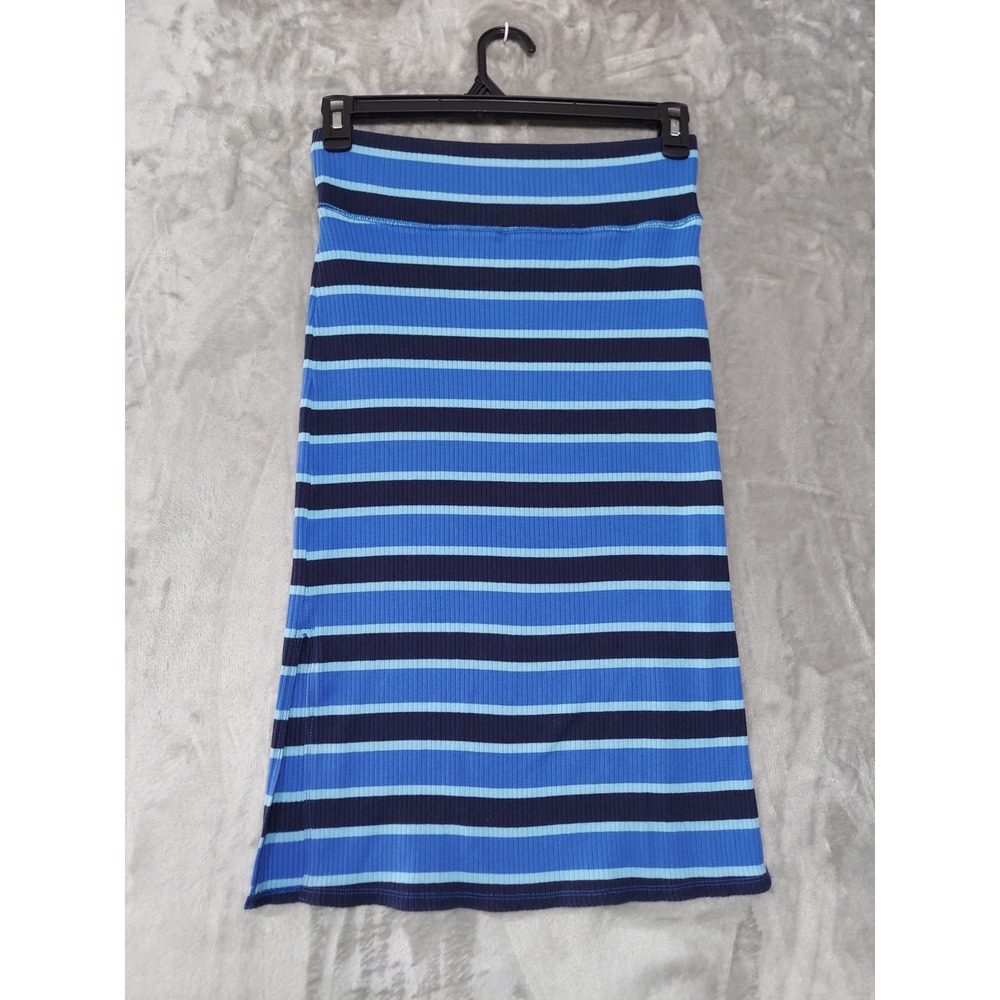 Aerie Blue Striped Ribbed Knit Midi Skirt Side Slit Bodycon Size Medium